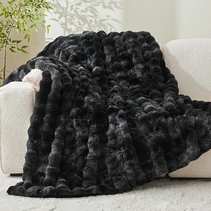 BEDELITE Faux Fur Throw Bubble Blanket for Couch, 60" x 80", Tie-Dye Black | 870GSM Soft Cozy Plush Blanket for Sofa & Bed Living Room Decor, Warm Fuzzy Faux Rabbit Fur for Women Gift, All Season Use