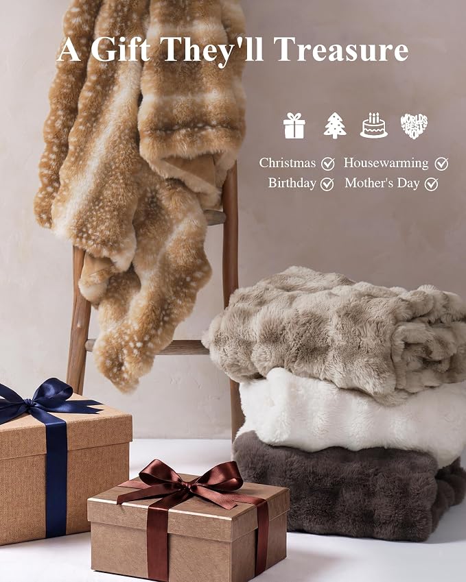 Ultra Soft Cozy Faux Fur Throw Blanket, Fuzzy Plush Thick Bubble Blanket, Oversize Luxury Fluffy Blanket for Couch, Bed, Bedroom and Living Room, 60x80 Inches, Tie-Dye Camel