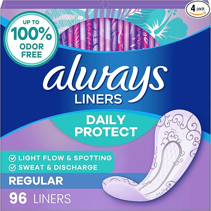 Always Daily Protect Liners, Regular Length, Unscented, 382 Count Total (96 Count x 4 Packs)