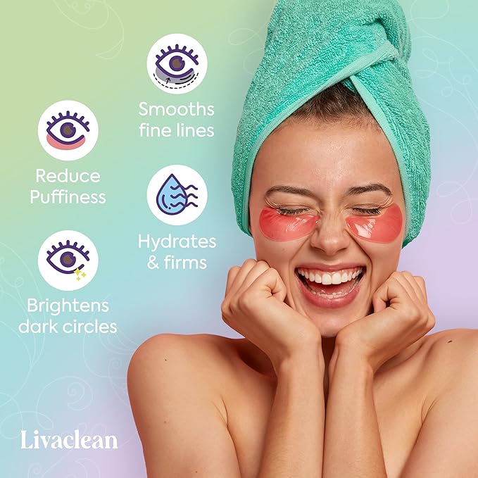 LivaClean 24k Gold Under Eye Patches - 60 Undereye Masks - Collagen Eye Patches for Puffy Eyes and Dark Circles - 3 Active Formulas, Hyaluronic Acid, Collagen, and Aloe Vera for Tired, Puffy eyes