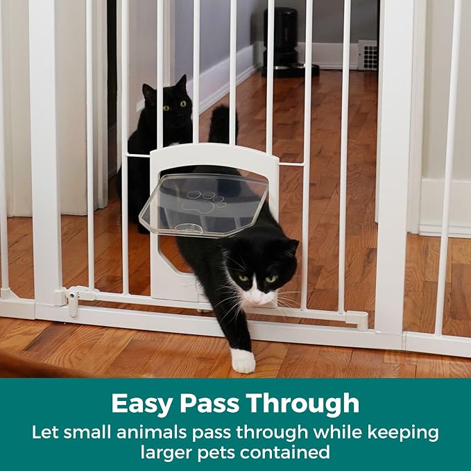 MYPET Extra Tall & Wide Petgate Passage - Metal Pressure Mount Gate with Small Pet Door; 29.75"-52" Wide with Extensions 42" Tall in White