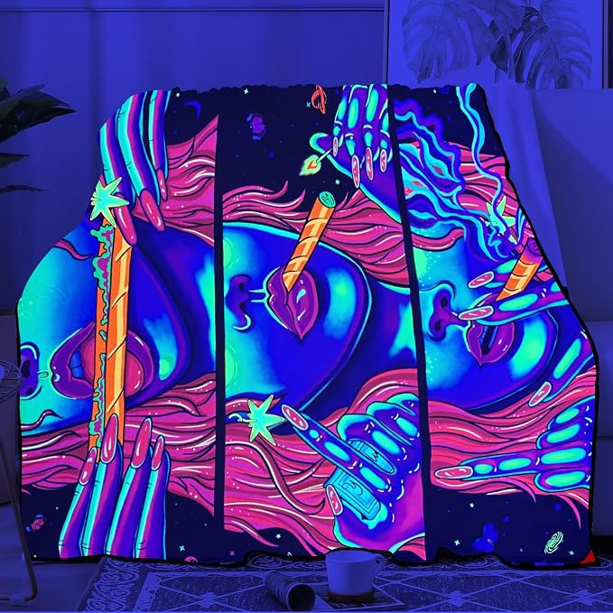 Blacklight Soft Trippy Throw Blanket - 51x59 Inch, Hippie Room Decor Marijuana Cannabis Weed Accessories