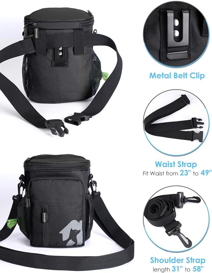 Gobeigo 8 Cup Dog Treat Pouch with Training Clicker(Full Black) | 3 Ways to Wear/ Built-in Poop Bag Dispenser/ Zipper Front Pocket Phone Friendly Treat Bag for Pet Training & Walking