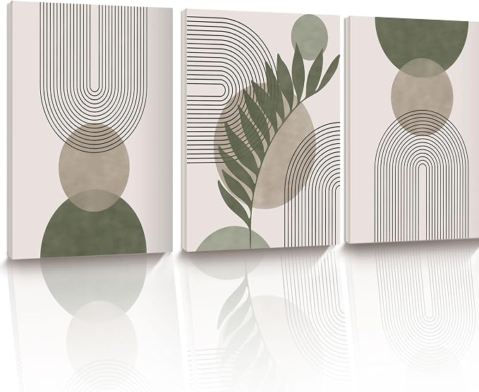 HesenDot 40x60CM Sage Green Boho Wall Art, Botanical Geometric Framed Canvas Bathroom Wall Art, Mid-Century Modern Wood Frame Abstract Prints for Living Room Bedroom Bathroom Home Decor, Set of 3
