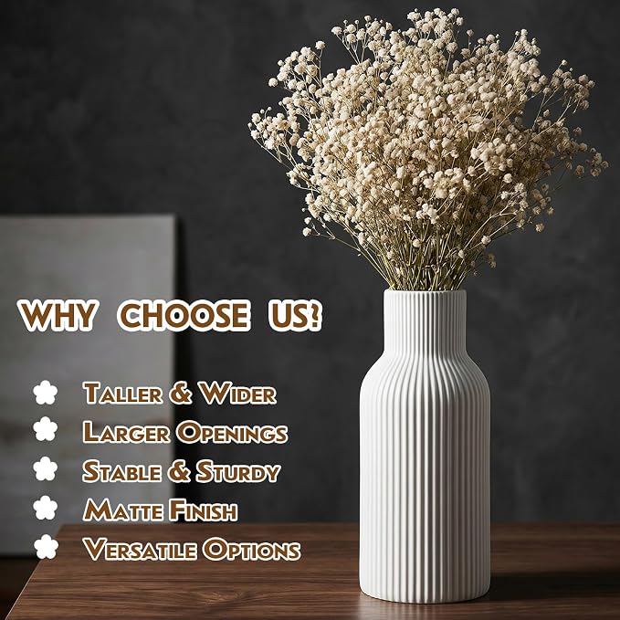 White Ceramic Vase, Modern Matte Ribbed Flower Vase for Pampas Grass, Fresh & Dried Flowers, Waterproof Decorative Home Decor for Living Room, Coffee Table, Bookshelf & Entryway