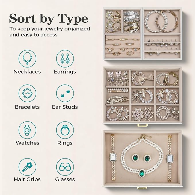 Jewelry Organizer Box, Large Jewelry Boxes for Women Girls, Space-Saving 3 Layers Jewelry Storage Case with Drawer, Movable Metal Stand, Modern, Gift Idea (Cloud White + Gold)