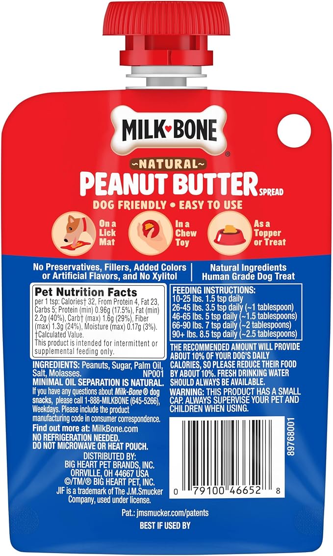 Milk-Bone Natural Peanut Butter Spread with Jif, 4 Pouches | Lickable dog treats in a squeezable pouch