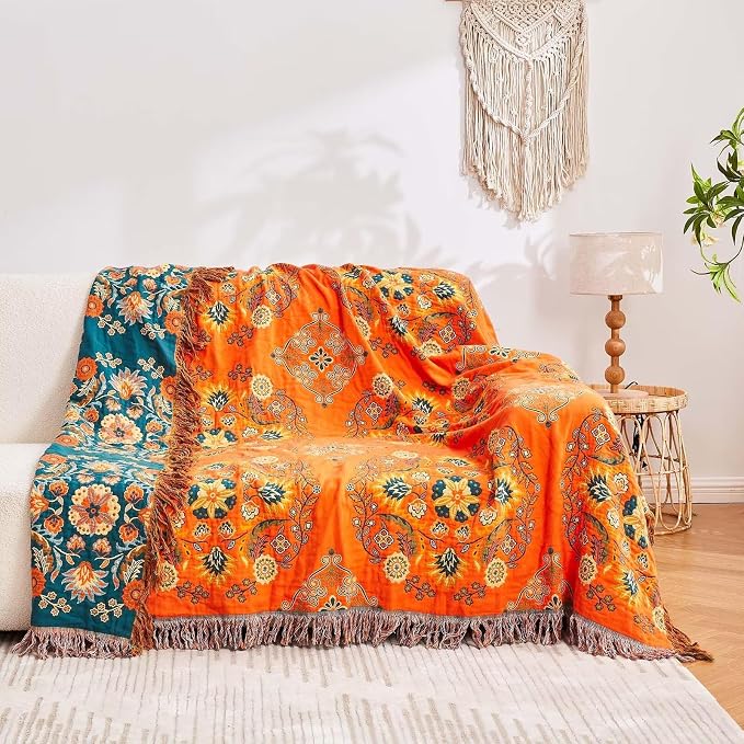 XIBLC Boho Throw Blanket 100% Cotton Ultra Soft Luxury Throw Rustic Quilt 50"x60" Floral Printed Farmhouse Decor Bed Summer Blankets All Season Rustic Reversible Bohemian Throw for Bed Orange