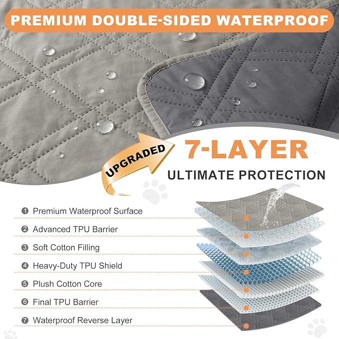 100% Waterproof Dog Bed Cover Pet Blanket Light Gray+Gray, 35"x71" | ,7-Layer Reversible Couch Covers for Dogs Met for Sofa Furniture Car Camping
