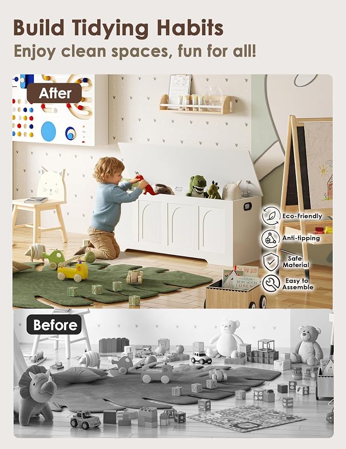 Storage Chest, Wooden Toy Box, White 47.2" L | Entryway Shoe Bench, 2 Soft-close Hinges, Finger-safe Flip-Top Lid, Easy Assembly, Farmhouse Large Trunk, Living Room/Bedroom