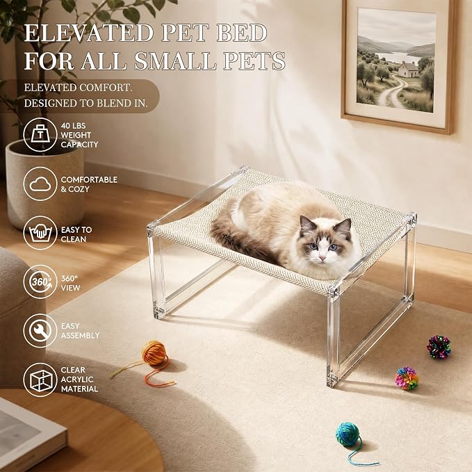 Acrylic Cat Hammock Bed, Elevated Cat Bed with Breathable Woven Mat, Sturdy Clear Cat Perch for Indoor Cats, Kittens, Small Dogs, Space-Saving Cat Furniture for Home Decor