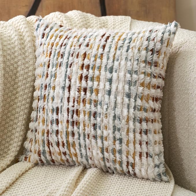 Aeckself Boho Chenille Tufted Pillow Cover 20 x 20 Inch, Decorative Square Throw Pillow Cover Neutral Pillowcase for Couch Bedroom Living Room, Orange White
