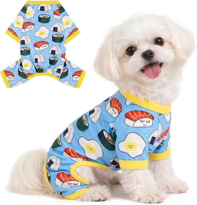 DaFuEn Dog Pajamas for Small Dogs, Soft Stretchy 4 Legs Puppy Jumpsuit, All Season Cozy Pet PJs for Chihuahua Yorkie Teacup Dogs, Cat Clothes (Blue Bread, S)