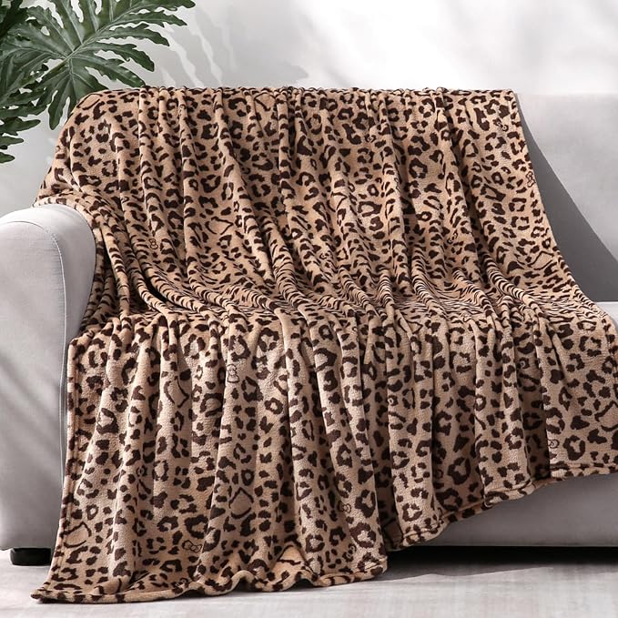 PU MEI Brown Leopard & Cheetah Print Fuzzy Flannel Blanket, Double Sided Ultra Cozy Super Soft Lightweight Animal Throw Blanket for Sofa, Couch, Bed, 50" x 60" inches