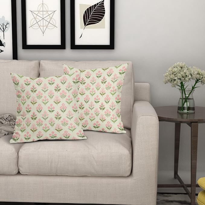 Pink Green Block Print Pillow Covers 18x18 Inch Set of 2 Vintage Floral Decorative Pillow Cases Boho Outdoor Linen Square Cushion Cover Rustic Farmhouse Decor for Bedroom Home Sofa Couch Bed