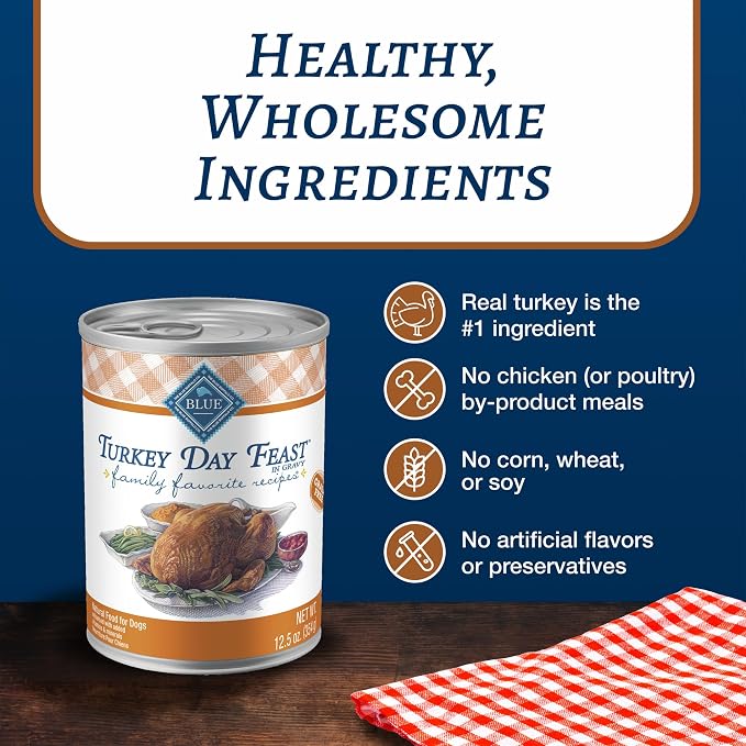 Blue Buffalo Family Favorites Turkey Adult Wet Dog Food, 12.5 oz, 12 ct | Turkey Day Feast Recipe, Real Turkey First, in Gravy, Feed as Treat, Topper, or Meal