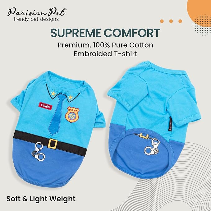 Parisian Pet Police Dog Costume - 100% Cotton Blue Dog Clothes for Large Dogs - Lightweight Puppy Outfits - Funny French Bulldog Clothes - Cute Cop Uniform Pet Shirt - Stretchy T Shirt for Dogs