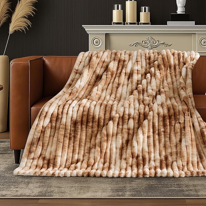 Faux Fur Throw Blanket for Couch, Cozy Fuzzy Fluffy Fur Luxurious Soft Striped Plush Gift Blankets for Family Sofa Chair Bedroom, 55"x70", Tie-dye Khaki