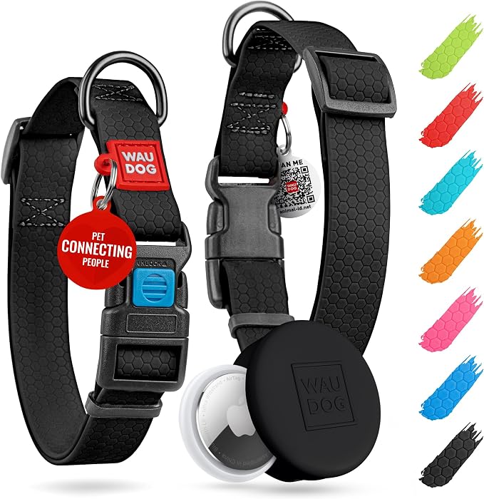WAUDOG Waterproof Dog Collar Airtag Holder QR Tag Small Medium Large Dogs | Water and Dirt Resistant, Quick Dry QR Pet Tag Adjustable Durable Comfort for Male and Female Dogs Outdoor Walking Training
