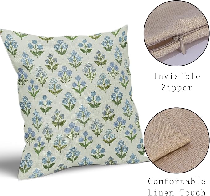 Blue Green Block Print Pillow Covers 24x24 Inch Set of 2, Vintage Floral Spring Decorative Throw Pillow Cases Boho Cushion Covers Rustic Decoration Gift Farmhouse Sofa Couch Bed Decor