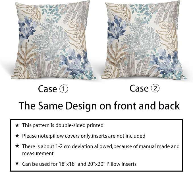 Nautical Coastal Beach Coral Pillow Covers 20x20 Inch Set of 2 Summer Ocean Beach Themed Decorative Pillow Cases Outdoor Linen Square Cushion Cover Farmhouse Decor for Bedroom Home Sofa Couch Bed