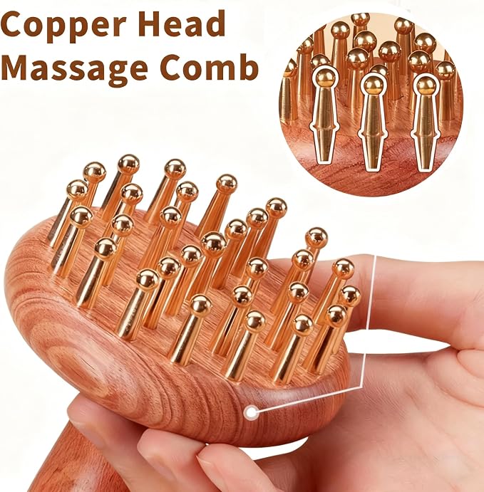 29-Teeth Copper Copper Head Massage Comb for Body and Scalp, Brass Body Massage Brush Rosewood Handle Body Massage for Abdomen Legs Back – Portable Chinese SPA GuaSha Tool