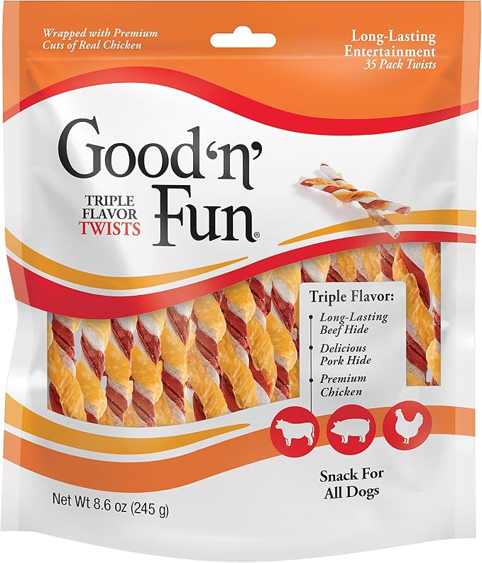 Good 'n' Fun Twists Long-Lasting Dog Treat Made With Real Protein, 35 Count | Premium Chicken, Pork and Beef Hide Chew, Supports Dental Health and Mental Stimulation, For Adult Dogs