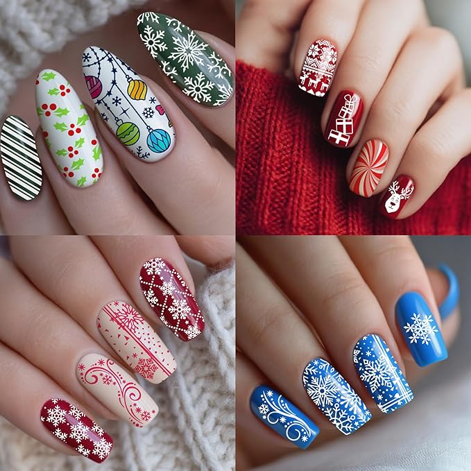 Arbuya Christmas Nail Art Stamping Plates Set of 3 - Snowflakes Snowman Reindeer Baubles Holly Leaves Penguins Stainless Steel Manicure Art Tools for DIY Print Manicure Salon Design Gift Supplies