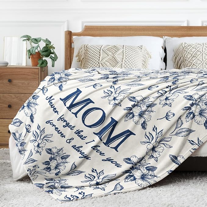 Gifts for Mom, Mom Birthday Gifts from Daughter Son, To My Mom Blanket | I Love You Mom Gifts for Birthday, Christmas, Mothers Day, Blanket for Mom with Hibiscus Flowers Print, 80" x 60", Blue