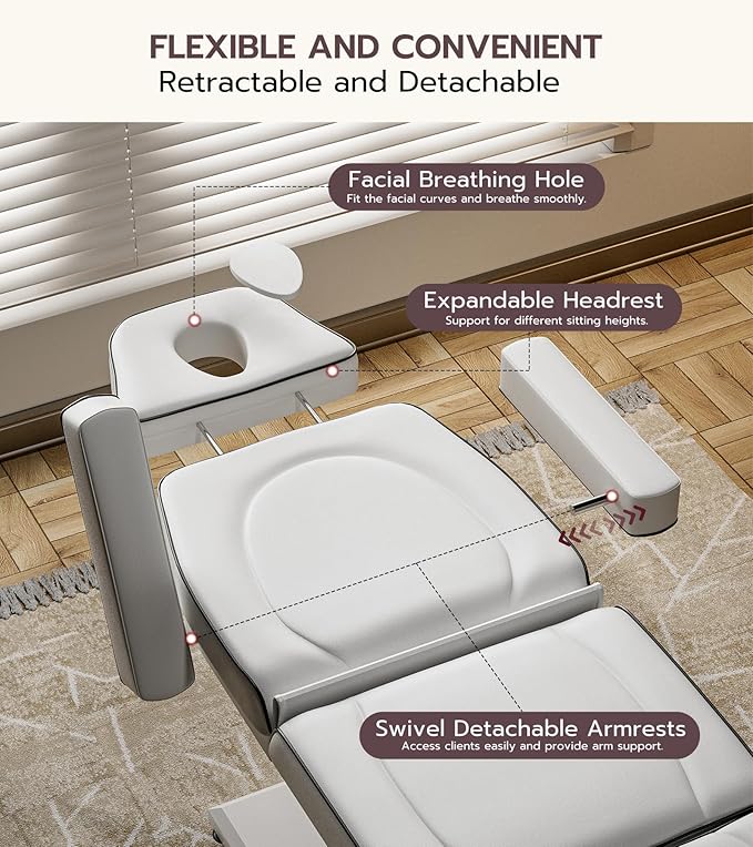 VARONXE Icoget Fully Electric Esthetician Bed, 3 Motors Massage Table Tattoo Facial Chair, 4-Section Adjustable Tteatment Table for Spa, Waxing, Microblading, Beauty, White