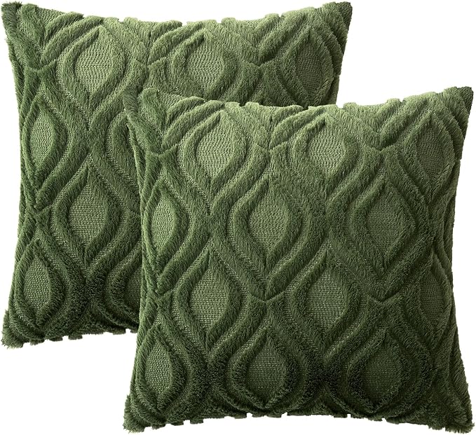 MIULEE Moss Green Soft Plush Faux Wool Throw Pillow Covers 20x20 | Set of 2, Farmhouse Boho Home Decor, Decorative Cushion Covers for Sofa, Living Room, Bed