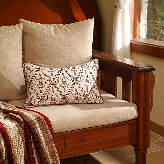 Designer Vintage French Linen Throw Pillow Cover,20"x12"-Albano D | Elegant Rectangle Pillow Cover,Concealed Zipper Design,Floral Pattern,Sofas,Bedroom,Living Room,Lounge Chairs,Decor