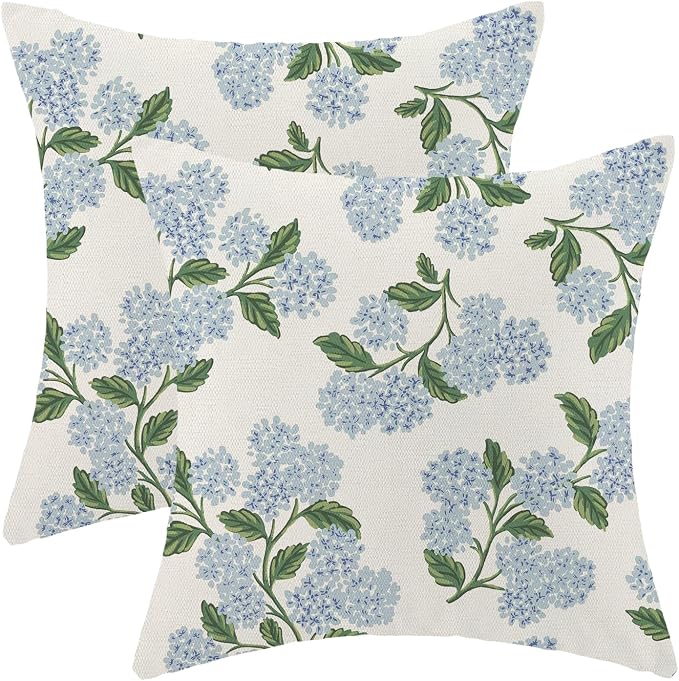 AEIOAE Spring Pillow Covers 24x24 Inch Set of 2, Green Blue Hydrangea Flower Throw Pillows Case,Floral Summer Outdoor Seasonal Decorative Farmhouse Decor Cushion Covers for Home Sofa Bed Couch