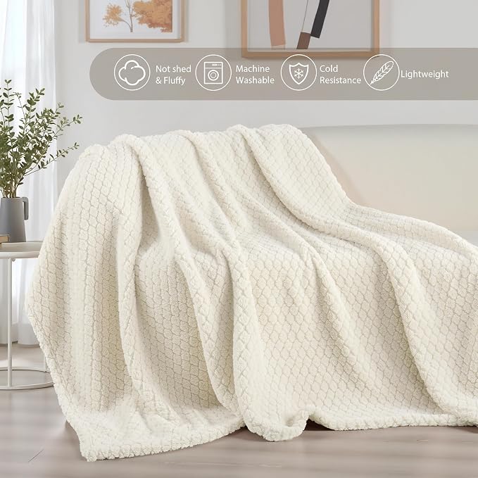 Exclusivo Mezcla Soft Fleece Throw Blanket for Couch, Ivory | Jacquard Lightweight Cozy Throws for Bed, Sofa, Breathable Decorative Fuzzy Textured All Season Use, 50x60 Inches