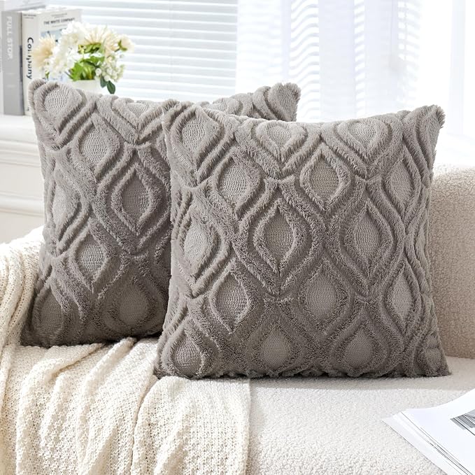 MIULEE Dark Grey Soft Plush Faux Wool Throw Pillow Covers 18x18 | Set of 2, Farmhouse Boho Home Decor, Decorative Cushion Covers for Sofa, Living Room, Bed