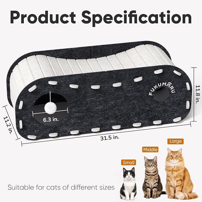FUKUMARU Cat Bed Cave Tunnel, 31.5 Inch, Cat House Condo Indoor, Black | Extra Long Design, For Multiple & Large Cats, Felt Material, Fluffy Ball Included, Scratch Resistant