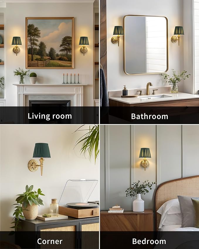 KDG Cordless Gold Wall Sconces Set of 2, Green Fabric Lampshde Wall Lamps | Small LED Wireless Portable Rechargeable Battery Lighting for Wall Painting, Living Room, Bedroom, Hallway, Gifts, Nightlight