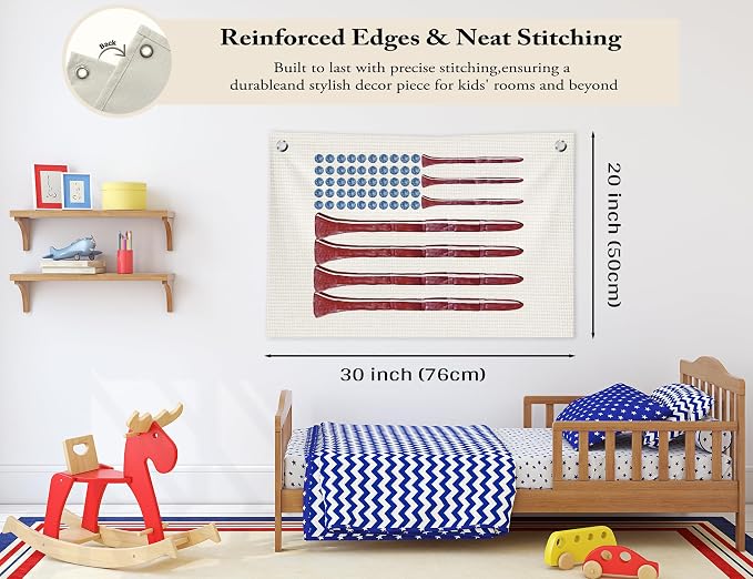 Vintage Sports Wall Decor, Golf Balls American Flag Canvas Banner Wall Art Decorations for Kids Boys Room Nursery Bedroom Playroom, 30x20 in