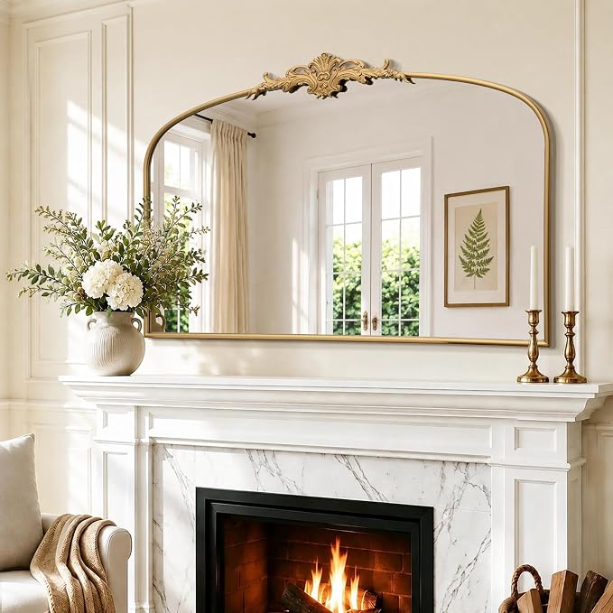 Besdomus Antique Arched Gold Mirror: 55"x36" Extra Large Decorative Mirrors | French Vintage Baroque Ornate Metal Frame for Home Renovation - Ideal for Double Vanity/Entryway/Fireplace Mantel/Living Room