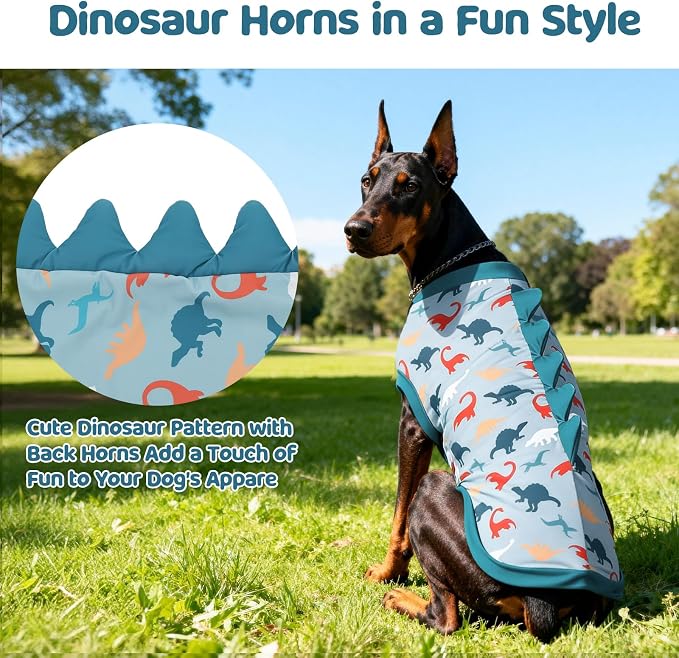 UPF 50+ Sun Protection Dog Shirt - Sleeveless Cooling Vest for Large Dogs Boy, Quick-Dry Pet T-Shirt with Funny Dinosaur Horns, UV Protective Breathable Dog Clothes U-COSBX05L