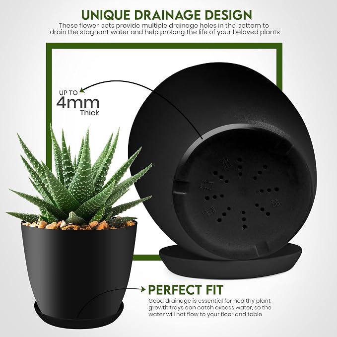 Plant Pots Indoor with Drainage, 5 Pack Multi-Size Planters Set, Black | Drainage holes included Multiple sizes 7/6.6/6/5.3/4.8 In Indoor plants and flowers Durable plastic construction