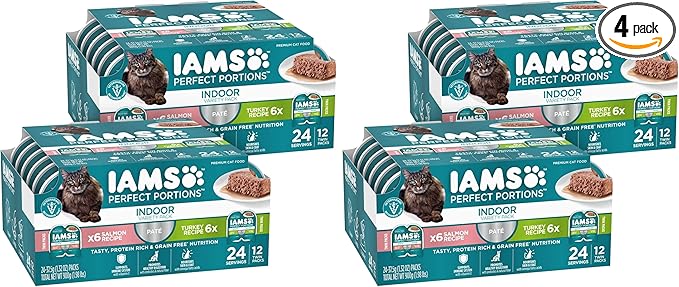 IAMS Perfect Portions Indoor Adult Grain Free Wet Cat Food Pate, Turkey and Salmon Recipe, 2.6 oz. Twin-Pack Trays (12 Count, 24 Servings) (Pack of 4)