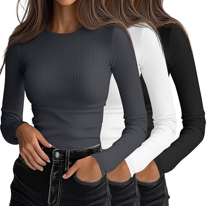 Ficerd 3 Pack Women's Ribbed Long Sleeve Tops, Crew Neck Slim Fit Undershirts Knit Basic Casual Stretch Layering Tee Shirts