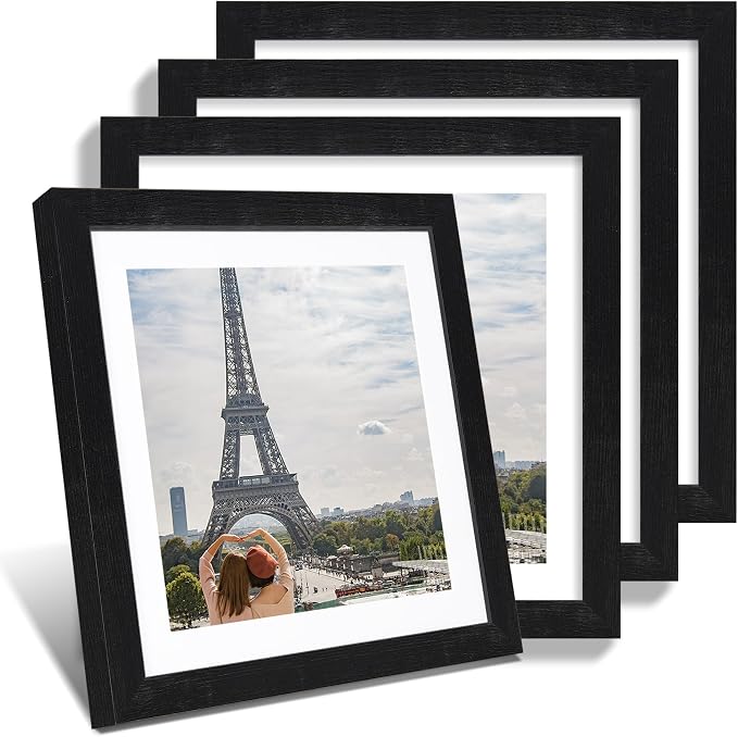 Hongkee 12x12 Picture Frame Set of 4 - Made of Glass and Rustic Black Wooden Frame, Display Square Pictures 10x10 with Mat or 12 x 12 without Mat, Desktop & Wall Collage Photo Frame