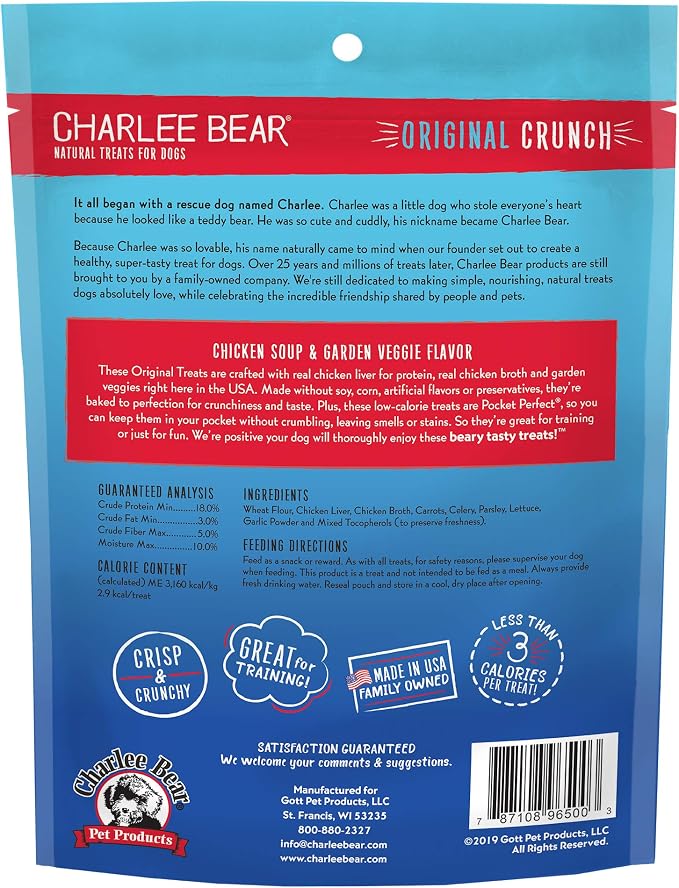 Charlee Bear Original Dog Training Treats, Chicken Soup & Veggie, 16 oz | Pocket-sized Training Treats, Crunchy Dog Treats, Limited Ingredient Recipe, Under 3 Calories per Treat, Made in USA