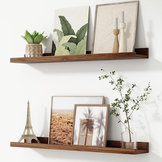 Picture Ledge Shelf, Floating Shelves for Wall, 32" W Set of 2, Walnut | FSC Certified Engineered Wood, Wall Mounted Bookshelf, for Nursery Living Room Bedroom, Pre-Drilled, Easy Install