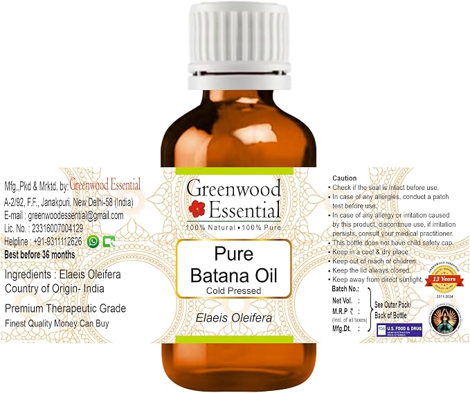 Greenwood Essential Batana Oil (Elaeis oleifera) | Cold Pressed | Natural | Undiluted | For Diluting Essential Oils | For Hair, Skin & Massage | Men & Women | 5ml (0.16 oz)