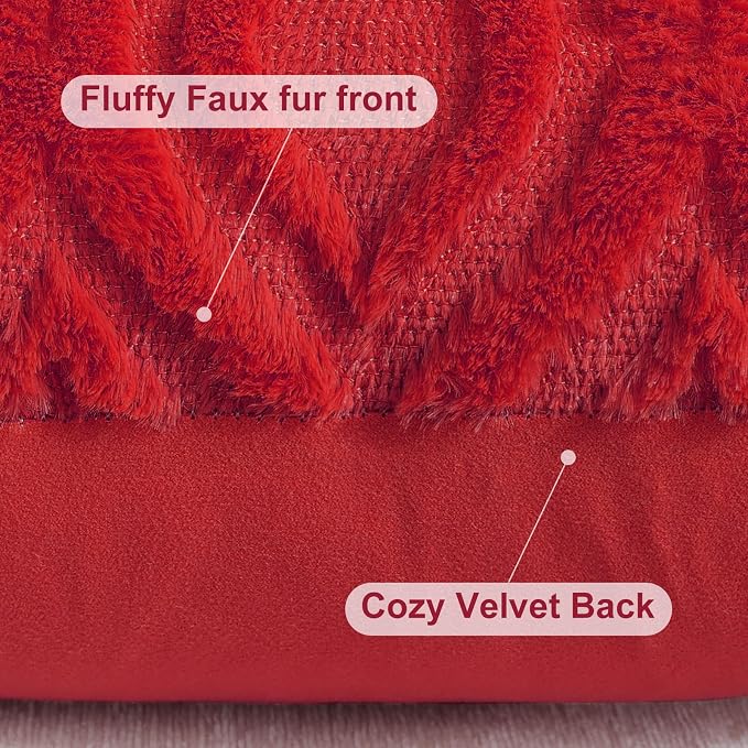 decorUhome Faux Fur Plush Soft Red Throw Pillow Covers 22x22 Set of 2 | Plush Solid Fall Couch Pillow Covers, Accent Modern Farmhouse Neutral Decorative Square Pillow Cases for Sofa Bed Living Room