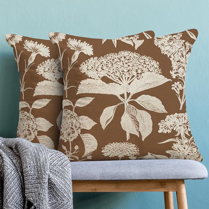 Floral Pillow Covers 18x18 Set of 2 Brown Beige Hydrangea Herbs Botanical Throw Pillow Cover Outdoor Decor Vintage Boho Flower Pillowcase Farmhouse Decorative Cushion Case for Home Couch Sofa