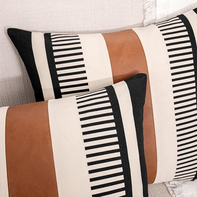 Farmhouse Stripe Pillow Cover 22x22 Boho Accent Cushion Case Faux Leather Decorative Pillowcase,Black and Beige (Cover ONLY, Pack of 2)